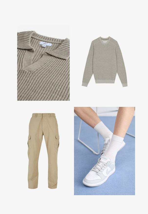 Maglione grigio chiaro a maglia con texture a coste, colletto tondo e maniche lunghe. Design semplice, orli elasticizzati, minimalismo nei dettagli.; Maglione beige lavorato a maglia con una texture a coste, dotato di scollo a V e colletto piatto. Il tessuto appare morbido e caldo. Etichetta del marchio visibile.; Pantaloni cargo beige realizzati in twill di cotone, con diverse tasche laterali, design a gamba dritta e chiusura con zip e passanti per cintura.; Sneaker bianche con accenti azzurri, tomaia in pelle, punta perforata, lacci spessi e calze bianche a coste su sfondo blu.
