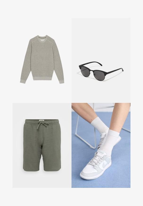 Lys grå strikket genser med ribbestruktur, rund hals og lange ermer. Enkelt design, elastiske hemmer, minimalt detaljer.; Lette, olivgrønne shorts lavet af struktureret stof. Har en elastisk talje med snøre, sidelommer og en afslappet pasform.; Hvite sneakers med lyseblå detaljer, læroverdel, perforert tå, tykke snøringer og stripete hvite sokker mot en blå bakgrunn.; Sorte solbriller med runde linser, matt finish og karakteristisk katteøyeform. Slanke armer med subtil merking på venstre tempel.