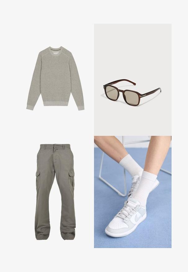 Lichtgrijze gebreide trui met ribbelstructuur, ronde hals en lange mouwen. Eenvoudig ontwerp, elastische onderranden, minimale details.; Cargobroek in lichtgrijze stof met een recht slanke pasvorm, voorzien van meerdere zijzakken en een knoopsluiting voor een veilige pasvorm.; Witte sneakers met lichtblauwe accenten, leren bovenkant, geperforeerde neus, dikke veters en ribbelsokken in het wit tegen een blauwe achtergrond.; Bruine rechthoekige zonnebril met getinte glazen, kunststof frame en metalen accenten aan de zijkanten. Heeft een slank ontwerp en een gladde textuur.