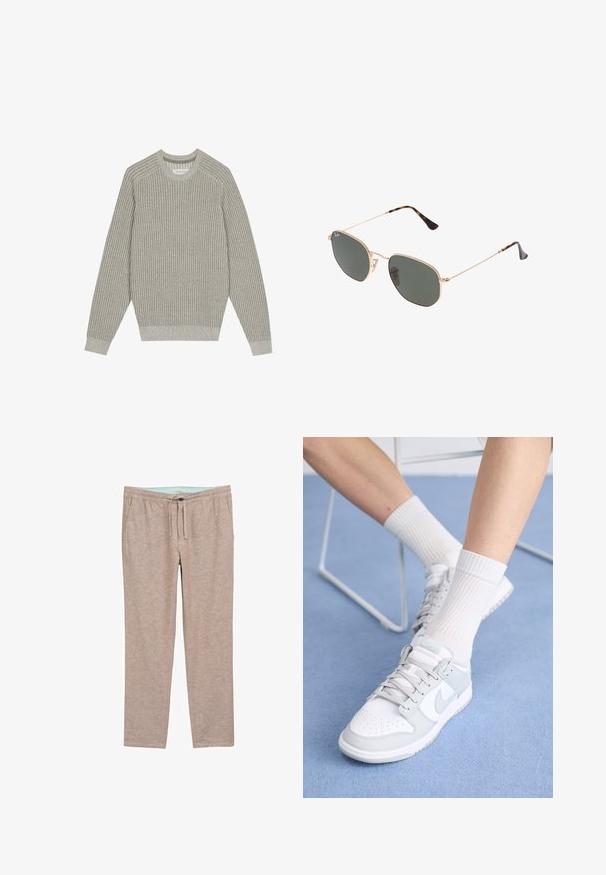 Svetro svetlo sive barve iz pletenine z rebrastim teksturo, okroglim izrezom in dolgimi rokavi. Preprost dizajn, elastični robovi, minimalno okrasje.; Svetlo rjave hlače mehke teksture z udobnim krojem, ki imajo elastični pas in vrvico za prilagodljivo udobje.; Bele superge z svetlo modrimi dodatki, usnjeni zgornji del, perforirana prstna cona, debele vezalke in rebraste bele nogavice na modrem ozadju.; Sončna očala z zlatim kovinskim okvirjem in temno zelenimi lečami, aviatorskega sloga, z vitekimi ročaji in želvovim vzorcem na konicah.