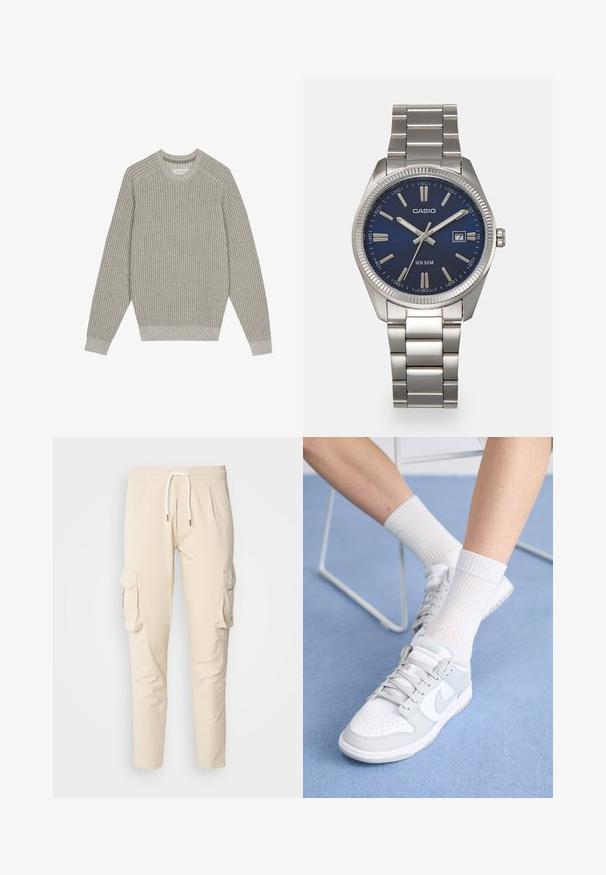 Lys grå strikket genser med ribbestruktur, rund hals og lange ermer. Enkelt design, elastiske hemmer, minimalt detaljer.; Beige cargo bukser med elastisk talje og snor. Har to sidelommer og en tapered ben design. Glat tekstur.; Hvite sneakers med lyseblå detaljer, læroverdel, perforert tå, tykke snøringer og stripete hvite sokker mot en blå bakgrunn.; Sølv rustfritt stål armbåndsur med en marineblå urskive, metalliske timemarkører og et datovindu ved 3-tiden. Vanntett opptil 50 meter.