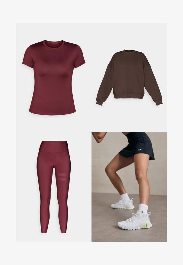 Sweatshirt castanho com decote redondo, design de ombros caídos, punhos e barra canelados, apresentando uma marcação sutil na frente. Textura suave.; T-shirt de manga curta bordeaux, decote redondo, tecido suave, forma ajustada, design minimalista, sem padrões ou detalhes.; Leggings bordeaux de comprimento total com uma cintura alta, feitos de um material liso e elástico, apresentando riscas de rede horizontais dos lados.; Tênis esportivos brancos com uma superfície texturizada, detalhes em verde néon e um logo da Nike em destaque. Usados com meias brancas até o tornozelo.