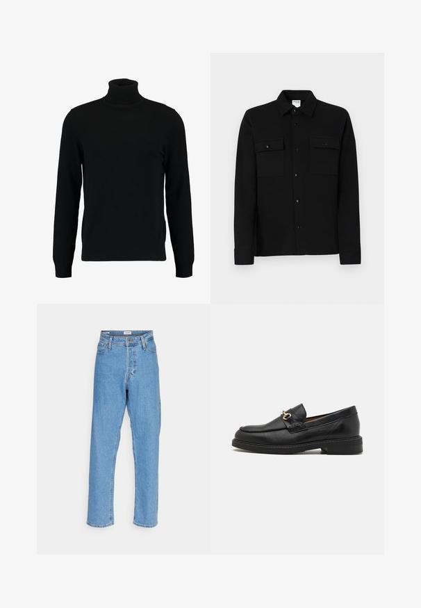 Svart polotröja i mjukt stickat material. Har långa ärmar, ribbad krage och fåll. Enkel, stilren design utan mönster.; Svart skjorta med knappar, tillverkad av ett slätt tyg, som har två bröstfickor, en krage med spets och knäppningar vid ärmsluten. Enkelt mönster med minimal detaljer.; Ljusblå högmidjade raka jeans med framknapp, dragkedja, bälteshällor och femfickorsdesign på vit bakgrund.; Selected Homme SLHBLAKE HORSEBIT LOAFER - Business slip-ins - black