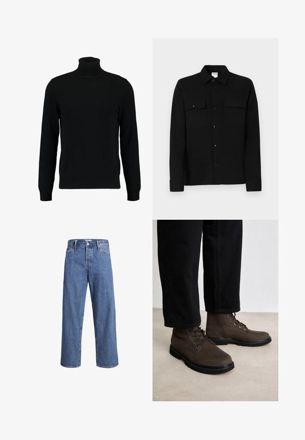 Black turtleneck sweater made of a soft knit material. Features long sleeves, ribbed collar, and hem. Simple, sleek design without patterns.; Black button-up shirt made of smooth fabric, featuring two chest pockets, a point collar, and buttoned cuffs. Simple design with minimal detailing.; Light blue denim jeans with a straight-leg design, high waist, and minimal stitching details. The fabric has a soft, slightly faded texture.; Brown ankle boots with smooth leather, round toe, and black rubber sole. Features metal eyelets and round laces. Worn with black pants.