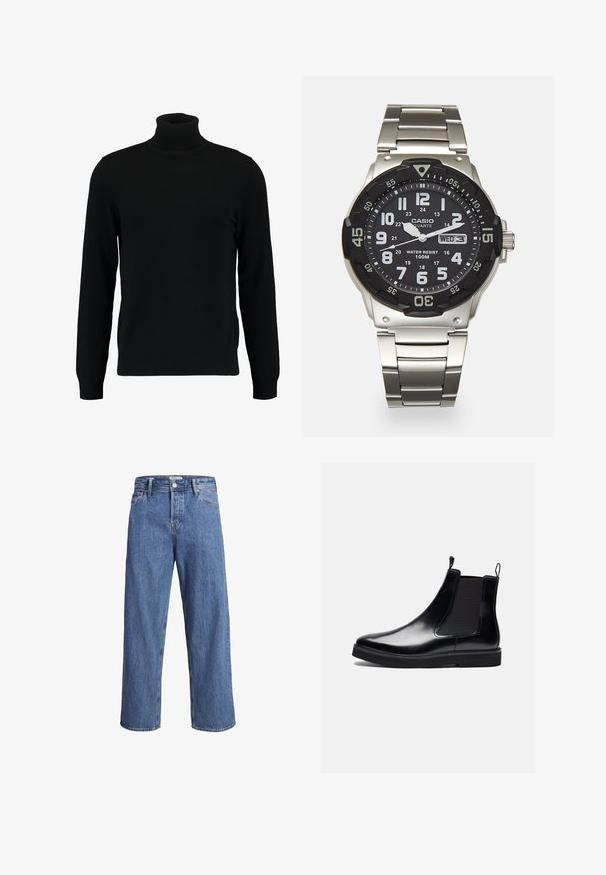 Juodas megztinis su aukštu kaklu, pagamintas iš minkštos mezgimo medžiagos. Turi ilgomis rankovėmis, raukšlėtą apykaklę ir apatinę dalį. Paprastas, elegantiškas dizainas be raštų.; Juodas mygtukais užsegamas marškiniai, pagaminti iš lygios medžiagos, su dviem krūtinės kišenėmis, taškiniu apykakle ir mygtukais užsegamais rankogaliais. Paprastas dizainas su minimaliais akcentais.; Šviesiai mėlynos džinsinės kelnės su tiesiu kirpimu, aukštu liemeniu ir minimaliais siuvimo detalėmis. Audinys yra minkštas, šiek tiek nublukęs.; Zign LEATHER - Klasikiniai aulinukai - black; Metalinis kvarcinis laikrodis su juodu ciferblatu, baltais skaičiais ir datos rodmeniu. Turi nerūdijančio plieno juostą ir atsparumą vandeniui iki 100 m.