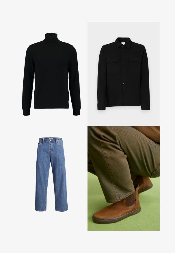 Juodas megztinis su aukštu kaklu, pagamintas iš minkštos mezgimo medžiagos. Turi ilgomis rankovėmis, raukšlėtą apykaklę ir apatinę dalį. Paprastas, elegantiškas dizainas be raštų.; Juodas mygtukais užsegamas marškiniai, pagaminti iš lygios medžiagos, su dviem krūtinės kišenėmis, taškiniu apykakle ir mygtukais užsegamais rankogaliais. Paprastas dizainas su minimaliais akcentais.; Šviesiai mėlynos džinsinės kelnės su tiesiu kirpimu, aukštu liemeniu ir minimaliais siuvimo detalėmis. Audinys yra minkštas, šiek tiek nublukęs.; Rudos odiniai auliniai batai su lygiu paviršiumi, elastinėmis šoninėmis panelėmis ir guminiais padais, derinami su tamsiai žaliais tekstūruotais kelnėmis.