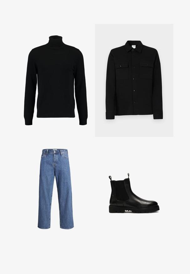 Črn pulover s turtleneck ovratnikom, izdelan iz mehkega pletenega materiala. Ima dolge rokave, rebrast ovratnik in rob. Preprost, eleganten dizajn brez vzorcev.; Črna srajca s poletnim zapenjanjem iz gladkega materiala, ki ima dve žepu na prsih, ovratnik s točko in zapenjanje na manšetah. Enostaven dizajn z minimalnimi detajli.; Svijetloplave traperice s ravnim nogavicama, visokim strukom i minimalnim detaljima šivanja. Tkanina ima mekan, blago izblijedjeli izgled.; Črne usnjene Chelsea škornje z elastiko na straneh, z zankami za enostavno obuvanje in debelim gumijastim podplatom, ki ima izrazite vzorce na površini.