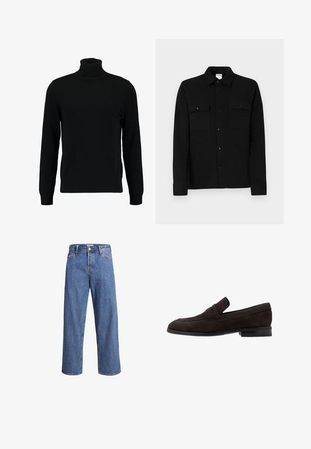 Črn pulover s turtleneck ovratnikom, izdelan iz mehkega pletenega materiala. Ima dolge rokave, rebrast ovratnik in rob. Preprost, eleganten dizajn brez vzorcev.; Črna srajca s poletnim zapenjanjem iz gladkega materiala, ki ima dve žepu na prsih, ovratnik s točko in zapenjanje na manšetah. Enostaven dizajn z minimalnimi detajli.; Svijetloplave traperice s ravnim nogavicama, visokim strukom i minimalnim detaljima šivanja. Tkanina ima mekan, blago izblijedjeli izgled.; Temno rjavi semiš mokasini z ravnim podplatom, s šivano obrobo ob robu in majhnim dvignjenim pasom spredaj.