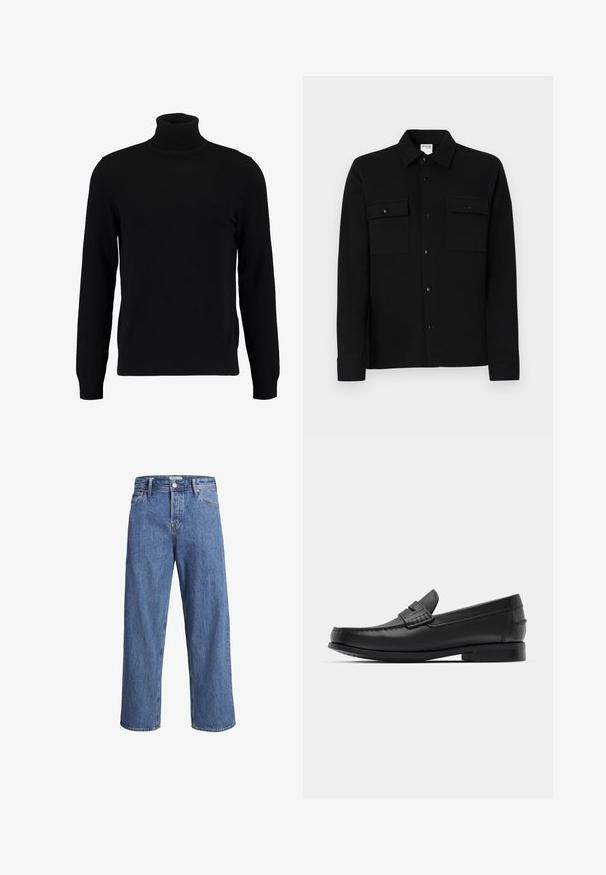 Jersey de cuello alto negro hecho de un material de punto suave. Cuenta con mangas largas, collar y dobladillo acanalados. Diseño simple y elegante sin patrones.; Camisa negra con botones, hecha de una tela suave, que presenta dos bolsillos en el pecho, un cuello tipo punta y puños abotonados. Diseño simple con un mínimo de detalles.; Jeans de denim azul claro con un diseño de pierna recta, cintura alta y detalles de costura mínimos. La tela tiene una textura suave y ligeramente desvanecida.; Mocasines de cuero negro con punta redonda, costuras detalladas y un tacón cuadrado bajo. Textura suave y diseño minimalista.