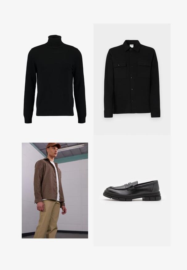 Čierny rolák vyrobený z mäkkého pleteného materiálu. Má dlhé rukávy, rebrovaný golier a lem. Jednoduchý, elegantný dizajn bez vzorov.; Čierna košeľa na gombíky vyrobená z hladkej tkaniny, so štyrmi náprsníkmi, bodovým golierom a gombíkovými manžetami. Jednoduchý dizajn s minimálnym zdobením.; Hnedá károvaná košeľa s dlhými rukávmi, spárovaná s béžovými nohavicami, nosená na biele tričko. Model stojí v jednoduchom vnútornom prostredí.; Čierne kožené poltopánky s hladkým povrchom, s predným remienkom a robustnou gumovou podrážkou s drážkovanými akcentmi.