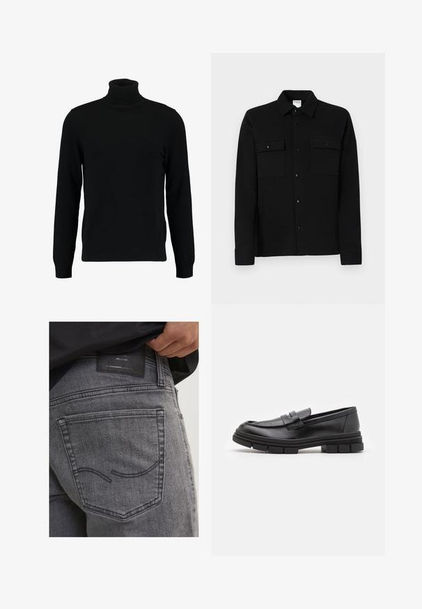 Črn pulover s turtleneck ovratnikom, izdelan iz mehkega pletenega materiala. Ima dolge rokave, rebrast ovratnik in rob. Preprost, eleganten dizajn brez vzorcev.; Črna srajca s poletnim zapenjanjem iz gladkega materiala, ki ima dve žepu na prsih, ovratnik s točko in zapenjanje na manšetah. Enostaven dizajn z minimalnimi detajli.; Sive denim hlače z zadnjim žepom z ukrivljenim šivom in črnim usnjenim oznako, ki prikazuje informacije o blagovni znamki in podrobnosti o obrti.; Črne usnjene loafersice z gladkim zaključkom, ki imajo sprednji trak in debel gumijast podplat z utori.