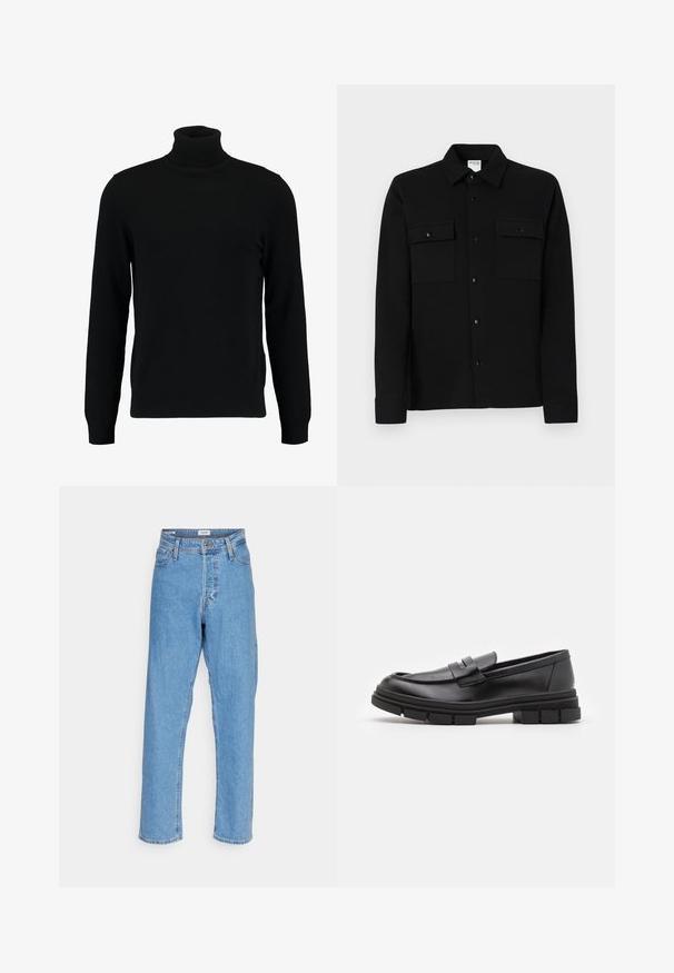 Black turtleneck sweater made of a soft knit material. Features long sleeves, ribbed collar, and hem. Simple, sleek design without patterns.; Black button-up shirt made of smooth fabric, featuring two chest pockets, a point collar, and buttoned cuffs. Simple design with minimal detailing.; Light blue high-waist straight-leg jeans with front button, zipper closure, belt loops, and five-pocket design on white background.; Black leather loafers with a smooth finish, featuring a front strap detail and a chunky rubber sole with grooved accents.