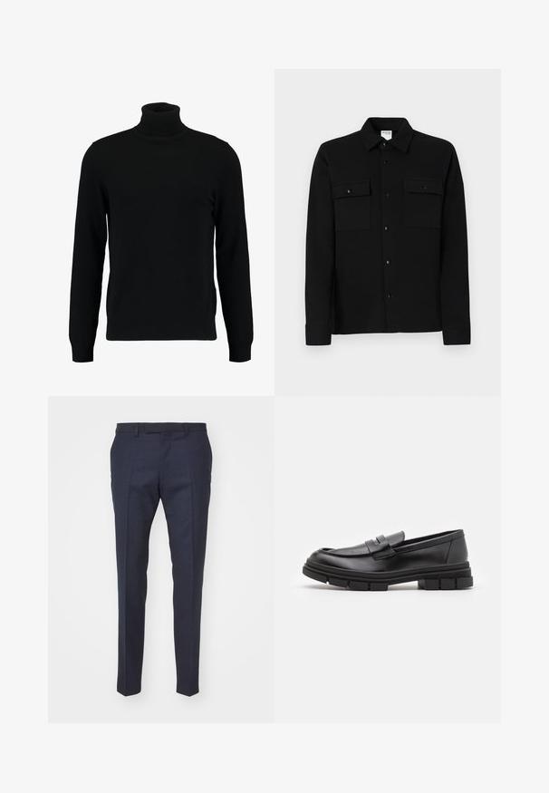 Black turtleneck sweater made of a soft knit material. Features long sleeves, ribbed collar, and hem. Simple, sleek design without patterns.; Black button-up shirt made of smooth fabric, featuring two chest pockets, a point collar, and buttoned cuffs. Simple design with minimal detailing.; Navy tailored trousers with a smooth texture, featuring a flat front, crease lines, and sleek fit, suitable for formal occasions.; Black leather loafers with a smooth finish, featuring a front strap detail and a chunky rubber sole with grooved accents.