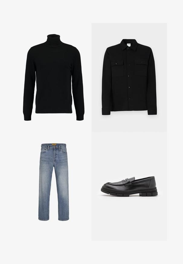 Zwarte coltrui gemaakt van een zacht breimateriaal. Heeft lange mouwen, een geribbelde kraag en zoom. Eenvoudig, strak ontwerp zonder patronen.; Zwarte button-up skjorte gemaakt van een gladde stof, met twee borstzakken, een puntkraag en knoopmanchetten. Eenvoudig ontwerp met minimale detailing.; Lichtblauwe rechte jeans gemaakt van denim, met een vervaagde wassing, vijf zakken, riemlussen en een rits met knoopsluiting.; Zwarte leren instappers met een gladde afwerking, voorzien van een voorste banddetail en een stevige rubberen zool met gegroefde accenten.