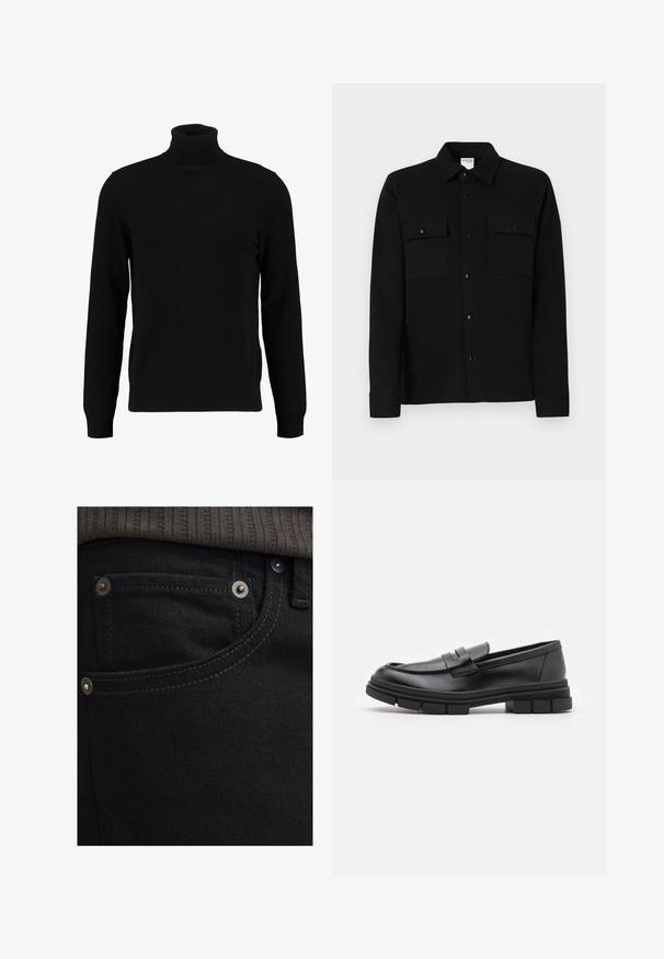 Črn pulover s turtleneck ovratnikom, izdelan iz mehkega pletenega materiala. Ima dolge rokave, rebrast ovratnik in rob. Preprost, eleganten dizajn brez vzorcev.; Črna srajca s poletnim zapenjanjem iz gladkega materiala, ki ima dve žepu na prsih, ovratnik s točko in zapenjanje na manšetah. Enostaven dizajn z minimalnimi detajli.; Črne denim hlače s ozkim krojem in gladko teksturo. Imajo srebrno kovinsko opremo, zakovice in kontrastne šive blizu žepov.; Črne usnjene loafersice z gladkim zaključkom, ki imajo sprednji trak in debel gumijast podplat z utori.