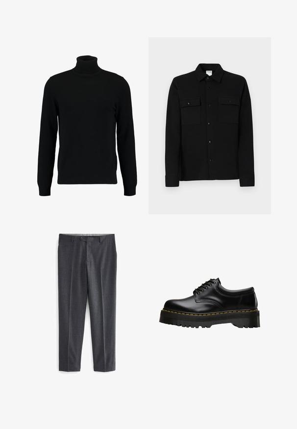 Maglione a collo alto nero realizzato in morbido materiale knit. Presenta maniche lunghe, colletto e orlo a costine. Design semplice e lineare senza motivi.; Camicia nera con bottoni, realizzata in tessuto liscio, dotata di due tasche sul petto, colletto a punta e polsini con bottoni. Design semplice con dettagli minimi.; Pantaloni grigi su misura con un motivo testurizzato, due tasche frontali, passanti per la cintura e una chiusura a bottone singolo in vita.; Scarpa nera in pelle con lacci, dotata di una soletta in gomma nera spessa e seghettata e cuciture gialle lungo il bordo, con una finitura liscia.