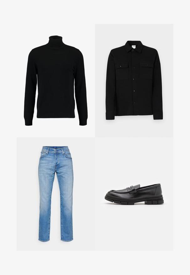 Černý rolák vyrobený z měkkého pleteného materiálu. Má dlouhé rukávy, žebrovaný límec a lem. Jednoduchý, elegantní design bez vzorů.; Černá košile na knoflíky z hladkého materiálu, se dvěma náprsními kapsami, límcem s špičkami a manžetami na knoflíky. Jednoduchý design s minimálními detaily.; Světle modré džíny s rovnými nohavicemi, vysokým pasem, pěti kapsami a kontrastním šitím podél švů.; Černé kožené mokasíny s hladkým povrchem, se zapínáním vpředu a masivní gumovou podrážkou se vroubkovanými detaily.
