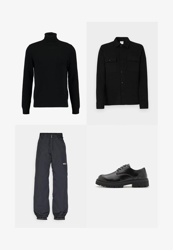 Black turtleneck sweater made of a soft knit material. Features long sleeves, ribbed collar, and hem. Simple, sleek design without patterns.; Black button-up shirt made of smooth fabric, featuring two chest pockets, a point collar, and buttoned cuffs. Simple design with minimal detailing.; Black waterproof pants with an adjustable waistband, elastic cuffs, and a small logo patch on the thigh; lightweight fabric.; Black leather shoes with a rounded toe, lace-up design, and a thick, textured rubber sole. Features stitching along the edge and a smooth finish.