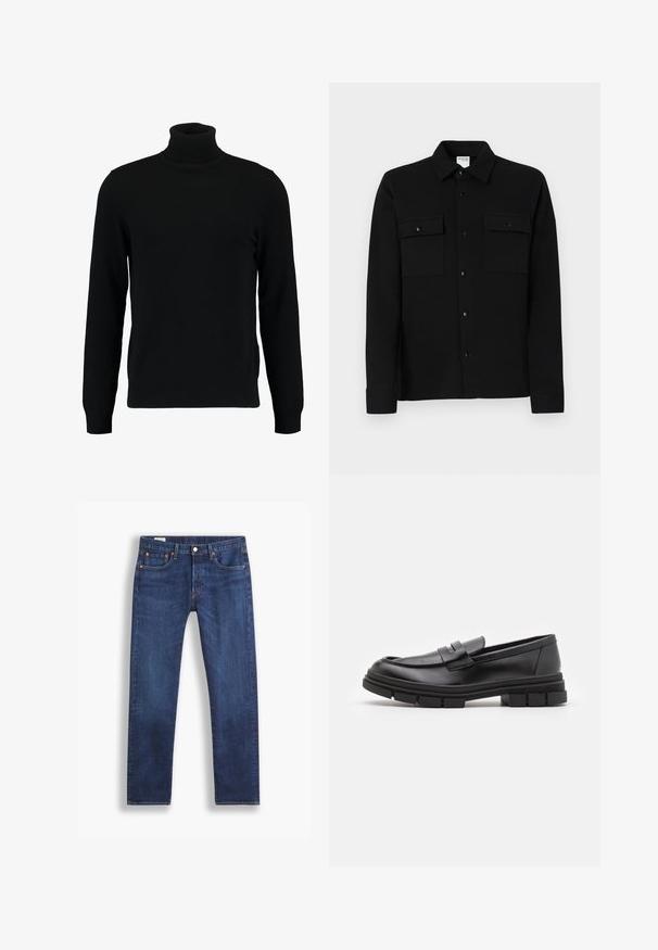 Maglione a collo alto nero realizzato in morbido materiale knit. Presenta maniche lunghe, colletto e orlo a costine. Design semplice e lineare senza motivi.; Camicia nera con bottoni, realizzata in tessuto liscio, dotata di due tasche sul petto, colletto a punta e polsini con bottoni. Design semplice con dettagli minimi.; Jeans dritti di colore blu scuro con stile classico a cinque tasche e chiusura a bottone, presentati su uno sfondo bianco.; Mocassini in pelle nera con finitura liscia, dotati di un dettaglio di cinturino anteriore e di una suola in gomma spessa con accenti scanalati.