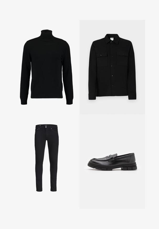 Suéter de gola alta preto feito de um material de malha suave. Apresenta mangas longas, gola canelada e bainha. Design simples e elegante, sem padrões.; Camisa preta de botão, feita de tecido suave, com dois bolsos no peito, colarinho pontudo e punhos com botões. Design simples com pouca ornamentação.; Calças jeans slim-fit pretas feitas de denim, apresentando um design clássico de cinco bolsos, passantes para cinto e um fecho com zíper e botão.; Mocassins de couro preto com um acabamento liso, apresentando um detalhe de tira na parte frontal e uma sola de borracha robusta com acabamentos estriados.