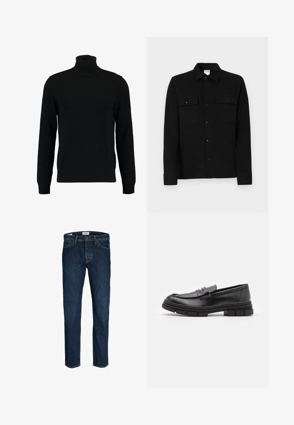Juodas megztinis su aukštu kaklu, pagamintas iš minkštos mezgimo medžiagos. Turi ilgomis rankovėmis, raukšlėtą apykaklę ir apatinę dalį. Paprastas, elegantiškas dizainas be raštų.; Juodas mygtukais užsegamas marškiniai, pagaminti iš lygios medžiagos, su dviem krūtinės kišenėmis, taškiniu apykakle ir mygtukais užsegamais rankogaliais. Paprastas dizainas su minimaliais akcentais.; Tamsiai mėlyni džinsai su tiesiomis kojomis, pasižymintys klasikiniu penkių kišenių dizainu ir matoma metaline sagčių uždarymo sistema juosmens srityje.; Juodi odiniai loaferiai su lygia apdaila, turintys priekinį dirželio akcentą ir storą guminį padą su grioveliais.