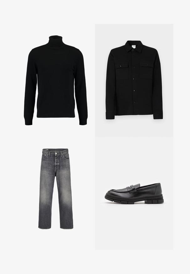 Svart høyhalset genser laget av et mykt strikkemateriale. Har lange ermer, ribbestrikket krage og hem. Enkel, elegant design uten mønstre.; Svart skjorte med knapper laget av glatt stoff, med to brystlommer, krage med spiss og knappeender. Enkelt design med minimal detailing.; Jeans i falmet svart farge, med rette bein, fem-lomme design og metallknapp lukking i midjen.; Sorte skinnloafers med en glatt overflate, med et frontreim-detalj og en kraftig gummisåle med rillete detaljer.