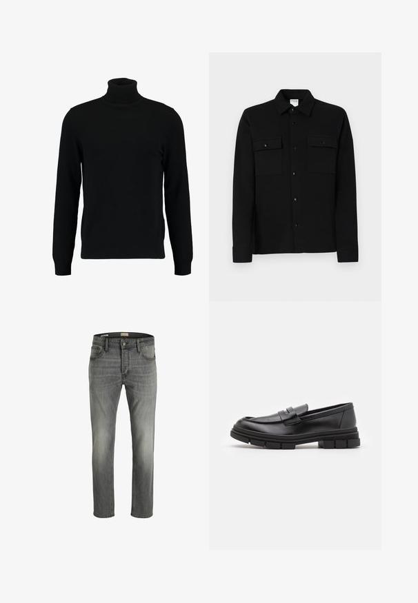 Čierny rolák vyrobený z mäkkého pleteného materiálu. Má dlhé rukávy, rebrovaný golier a lem. Jednoduchý, elegantný dizajn bez vzorov.; Čierna košeľa na gombíky vyrobená z hladkej tkaniny, so štyrmi náprsníkmi, bodovým golierom a gombíkovými manžetami. Jednoduchý dizajn s minimálnym zdobením.; Sivé džínsy z denimu s mierne vybledlým povrchom, strih s rovnými nohavicami, päť vreciek a jeden kovový gombík na zapínanie.; Čierne kožené poltopánky s hladkým povrchom, s predným remienkom a robustnou gumovou podrážkou s drážkovanými akcentmi.