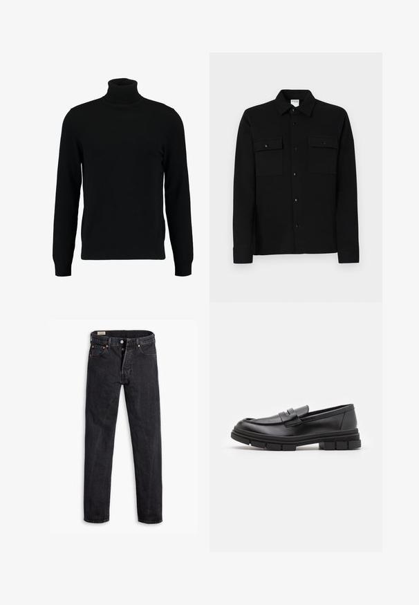 Svart høyhalset genser laget av et mykt strikkemateriale. Har lange ermer, ribbestrikket krage og hem. Enkel, elegant design uten mønstre.; Svart skjorte med knapper laget av glatt stoff, med to brystlommer, krage med spiss og knappeender. Enkelt design med minimal detailing.; Sorte denimjeans med rett passform. Har fem lommer, to frontlukkinger med knapp og subtile kontrasterende sømmer. Matt tekstur.; Sorte skinnloafers med en glatt overflate, med et frontreim-detalj og en kraftig gummisåle med rillete detaljer.