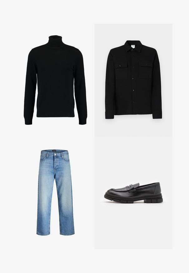 Fekete garbó pulóver puha kötött anyagból készült. Hosszú ujjaival, bordázott gallérral és szegéllyel rendelkezik. Egyszerű, letisztult dizájn, minták nélkül.; Fekete, sima anyagból készült gombos ing, két mellzsebbel, hegyes gallérral és gombos mandzsettával. Egyszerű dizájn, minimális részletezéssel.; Világoskék farmernadrág, laza fazonnal, magas derékkal, elülső zsebekkel és egyenes szárú szabással, amelyen finom kopás látható.; Fekete bőr loaferek sima felülettel, elülső pánt részlettel és vastag, bordázott gumitalpakkal.