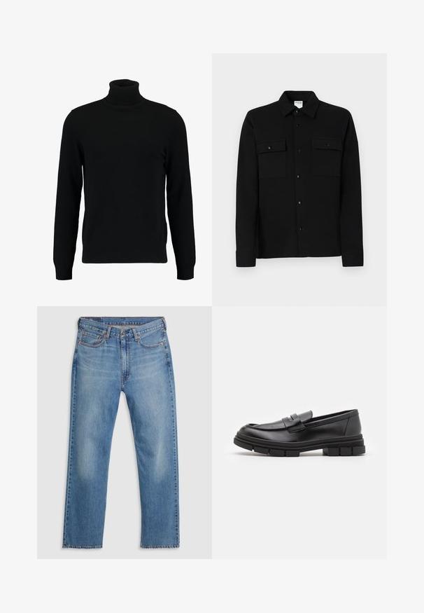 Suéter de gola alta preto feito de um material de malha suave. Apresenta mangas longas, gola canelada e bainha. Design simples e elegante, sem padrões.; Camisa preta de botão, feita de tecido suave, com dois bolsos no peito, colarinho pontudo e punhos com botões. Design simples com pouca ornamentação.; Jeans de denim de perna reta azul com fecho frontal por botão e zipper, passadores de cinto e design de cinco bolsos sobre um fundo branco.; Mocassins de couro preto com um acabamento liso, apresentando um detalhe de tira na parte frontal e uma sola de borracha robusta com acabamentos estriados.