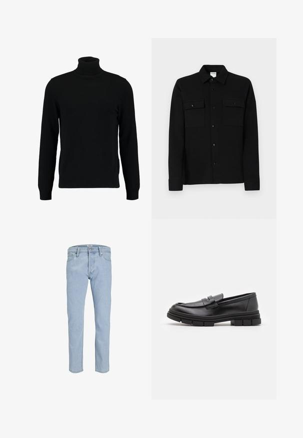 Svart høyhalset genser laget av et mykt strikkemateriale. Har lange ermer, ribbestrikket krage og hem. Enkel, elegant design uten mønstre.; Svart skjorte med knapper laget av glatt stoff, med to brystlommer, krage med spiss og knappeender. Enkelt design med minimal detailing.; Lyseblå jeans laget av denim, med rett ben silhuett, klassisk fem-lommers design og sølvfarget metallhardware.; Sorte skinnloafers med en glatt overflate, med et frontreim-detalj og en kraftig gummisåle med rillete detaljer.