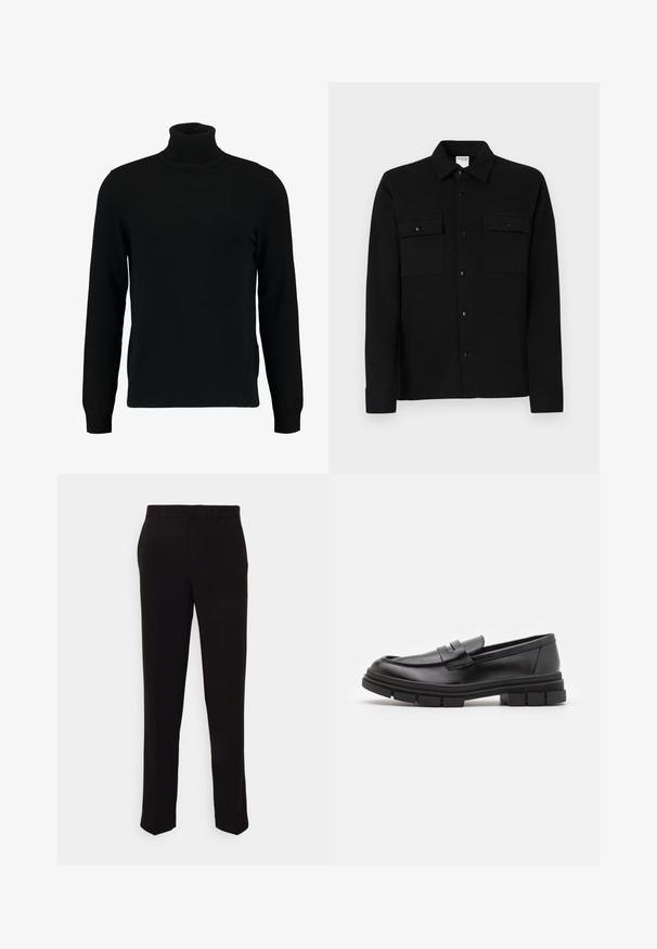 Fekete garbó pulóver puha kötött anyagból készült. Hosszú ujjaival, bordázott gallérral és szegéllyel rendelkezik. Egyszerű, letisztult dizájn, minták nélkül.; Fekete, sima anyagból készült gombos ing, két mellzsebbel, hegyes gallérral és gombos mandzsettával. Egyszerű dizájn, minimális részletezéssel.; Fekete nadrág egyenes szabással, sima textúrával és látható minták vagy fémalkatrészek nélkül. Klasszikus dizájn, letisztult sziluettel.; Fekete bőr loaferek sima felülettel, elülső pánt részlettel és vastag, bordázott gumitalpakkal.
