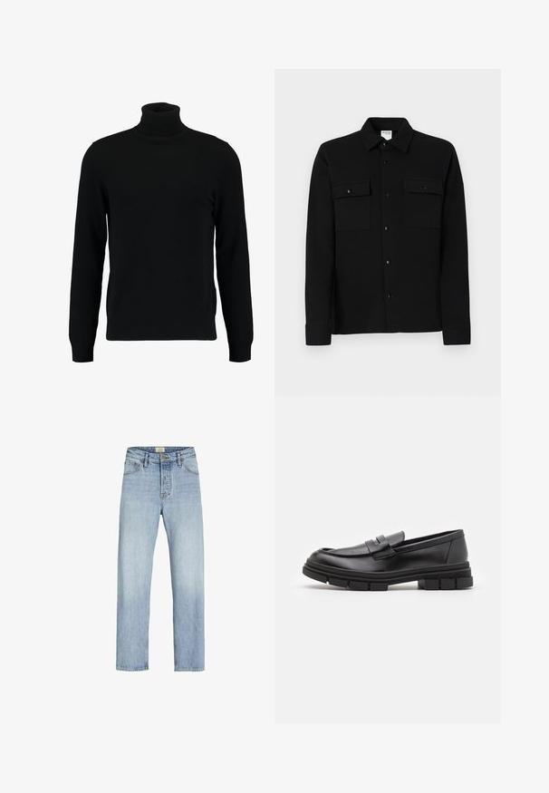 Černý rolák vyrobený z měkkého pleteného materiálu. Má dlouhé rukávy, žebrovaný límec a lem. Jednoduchý, elegantní design bez vzorů.; Černá košile na knoflíky z hladkého materiálu, se dvěma náprsními kapsami, límcem s špičkami a manžetami na knoflíky. Jednoduchý design s minimálními detaily.; Světlé modré džíny z denimu se rovným střihem, designem s pěti kapsami, zapínáním na knoflík a zip a s jemným vyblednutím na látce.; Černé kožené mokasíny s hladkým povrchem, se zapínáním vpředu a masivní gumovou podrážkou se vroubkovanými detaily.