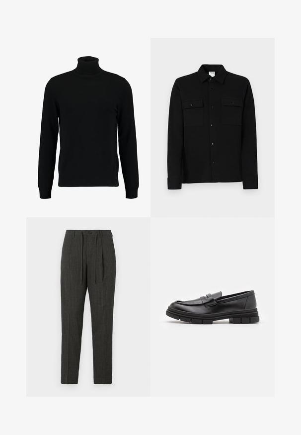 Schwarzer Rollkragenpullover aus weichem Strickmaterial. Mit langen Ärmeln, geripptem Kragen und Saum. Schlichtes, elegantes Design ohne Muster.; Schwarzes Hemd mit Knopfleiste aus glattem Stoff, ausgestattet mit zwei Brusttaschen, einem Punktkragen und geknöpften Manschetten. Einfaches Design mit minimalen Details.; Dunkelgraue gestreifte Hose mit schmal zulaufendem Schnitt, ausgestattet mit einem Knopfverschluss und einem Kordelzugbund, gefertigt aus einem strukturierten Stoff.; Schwarze Lederloafer mit glatter Oberfläche, ausgestattet mit einem vorderen Riemendetail und einer klobigen Gummisohle mit gerippten Akzenten.