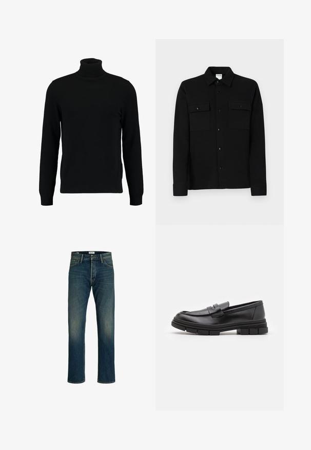 Black turtleneck sweater made of a soft knit material. Features long sleeves, ribbed collar, and hem. Simple, sleek design without patterns.; Black button-up shirt made of smooth fabric, featuring two chest pockets, a point collar, and buttoned cuffs. Simple design with minimal detailing.; Denim jeans featuring a medium blue wash, straight-leg cut, classic five-pocket design, and light fading on the thighs for texture.; Black leather loafers with a smooth finish, featuring a front strap detail and a chunky rubber sole with grooved accents.