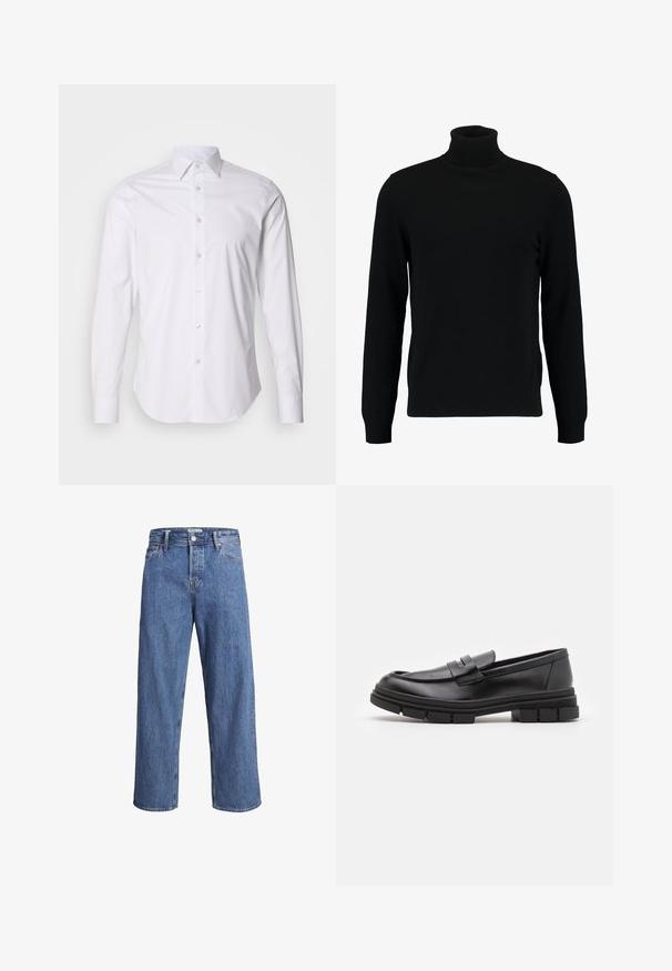 Jersey de cuello alto negro hecho de un material de punto suave. Cuenta con mangas largas, collar y dobladillo acanalados. Diseño simple y elegante sin patrones.; Camisa blanca de manga larga con pequeños lunares en azul marino, cuello abotonado y sutil brillo, con un dobladillo curvado y cierre frontal de botones estándar.; Jeans de denim azul claro con un diseño de pierna recta, cintura alta y detalles de costura mínimos. La tela tiene una textura suave y ligeramente desvanecida.; Mocasines de piel negra con un acabado suave, que presentan un detalle de correa en la parte delantera y una suela de goma gruesa con acentos acanalados.