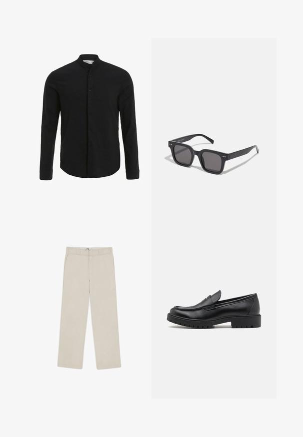 Čierny rolák vyrobený z mäkkého pleteného materiálu. Má dlhé rukávy, rebrovaný golier a lem. Jednoduchý, elegantný dizajn bez vzorov.; Čierna košeľa s dlhým rukávom a bandovým golierom, s predným zapínaním na gombíky a hladkou textúrou. Priamy lem a priliehavý strih.; Béžové nohavice širokého strihu s hladkou textúrou, obsahujúce pútka na opasok, dve predné vrecká a zips. Minimalistický dizajn.; Čierne kožené mokasíny s okrúhlou špičkou, s designom na obúvanie a hrubou gumovou podrážkou s textúrovanou protišmykovou úpravou. Vyvýšený opatok a jemné prešívanie.; Čierne obdĺžnikové slnečné okuliare s tmavými sklami, s hrubým rámom, jemnými akcentmi na stranách a bez viditeľných log, okrem názvu značky.; Quartz hodinky Casio s čiernym ciferníkom, strieborným nerezovým remienkom, veľkými bielymi a červenými číslami a vodotesnosťou až do hĺbky 200 metrov.