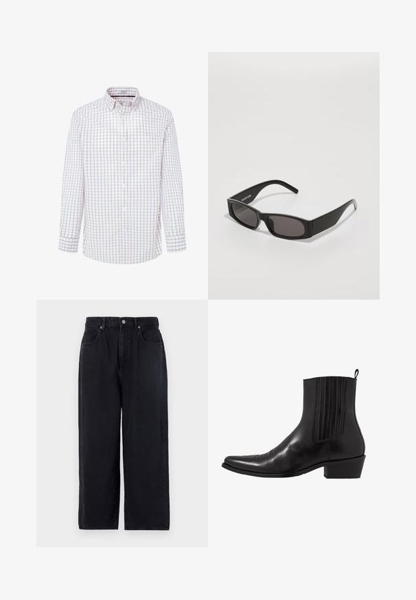 Černý rolák vyrobený z měkkého pleteného materiálu. Má dlouhé rukávy, žebrovaný límec a lem. Jednoduchý, elegantní design bez vzorů.; Bílá košile s dlouhými rukávy s mřížkovým vzorem v červené a modré barvě. Košile má límec s knoflíky, přední légu se zapínáním na knoflíky a manžety na knoflíky.; Černé džíny s rovnými nohavicemi, které mají pět kapes, zapínání na knoflík a čistý střih. Odolná tkanina s matnou texturou.; Černá kožená kotníková bota s špičatou špičkou, elastickými bočními panely, vertikálním prošíváním a nízkým blokovým podpatkem.; Černé obdélníkové sluneční brýle s tmavými skly, hladkým plastovým rámem a diskrétním logem na levém rameni. Minimalistický design.