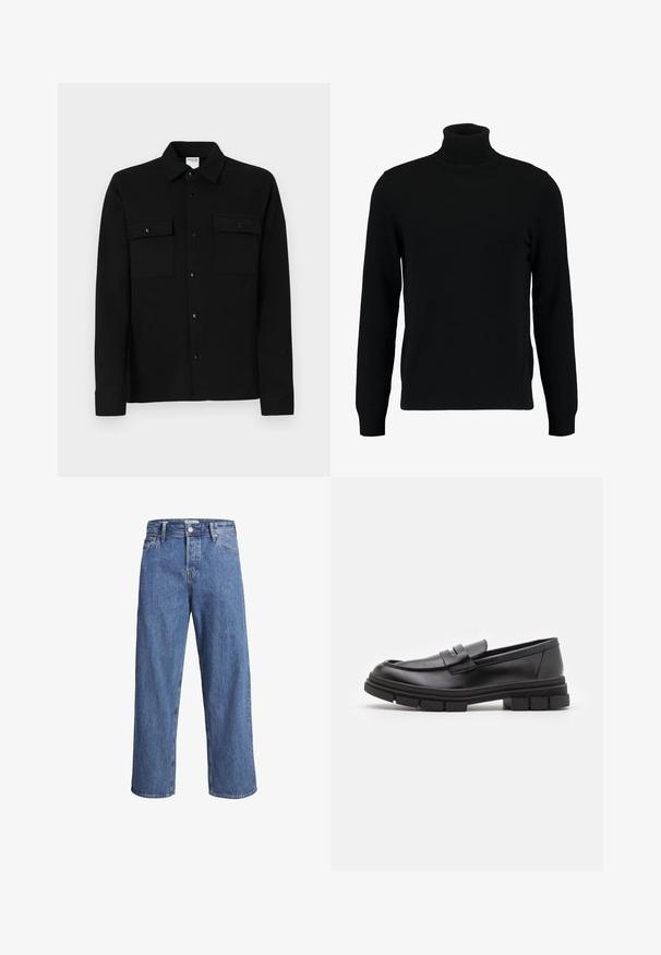 Juodas megztinis su aukštu kaklu, pagamintas iš minkštos mezgimo medžiagos. Turi ilgomis rankovėmis, raukšlėtą apykaklę ir apatinę dalį. Paprastas, elegantiškas dizainas be raštų.; Juodas mygtukais užsegamas marškiniai, pagaminti iš lygios medžiagos, su dviem krūtinės kišenėmis, taškiniu apykakle ir mygtukais užsegamais rankogaliais. Paprastas dizainas su minimaliais akcentais.; Šviesiai mėlynos džinsinės kelnės su tiesiu kirpimu, aukštu liemeniu ir minimaliais siuvimo detalėmis. Audinys yra minkštas, šiek tiek nublukęs.; Juodi odiniai loaferiai su lygia apdaila, turintys priekinį dirželio akcentą ir storą guminį padą su grioveliais.