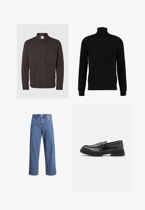 Svart høyhalset genser laget av et mykt strikkemateriale. Har lange ermer, ribbestrikket krage og hem. Enkel, elegant design uten mønstre.; Mørk brun knapp-up skjorte med lange ermer, to frontlommer og svarte trykknapper. Laget av et teksturert stoff. Standard krage.; Lyse blå denimjeans med rett ben, høy midje og minimale sømdetaljer. Stoffet har en myk, lett bleket tekstur.; Sorte skinnloafers med en glatt overflate, med et frontreim-detalj og en kraftig gummisåle med rillete detaljer.