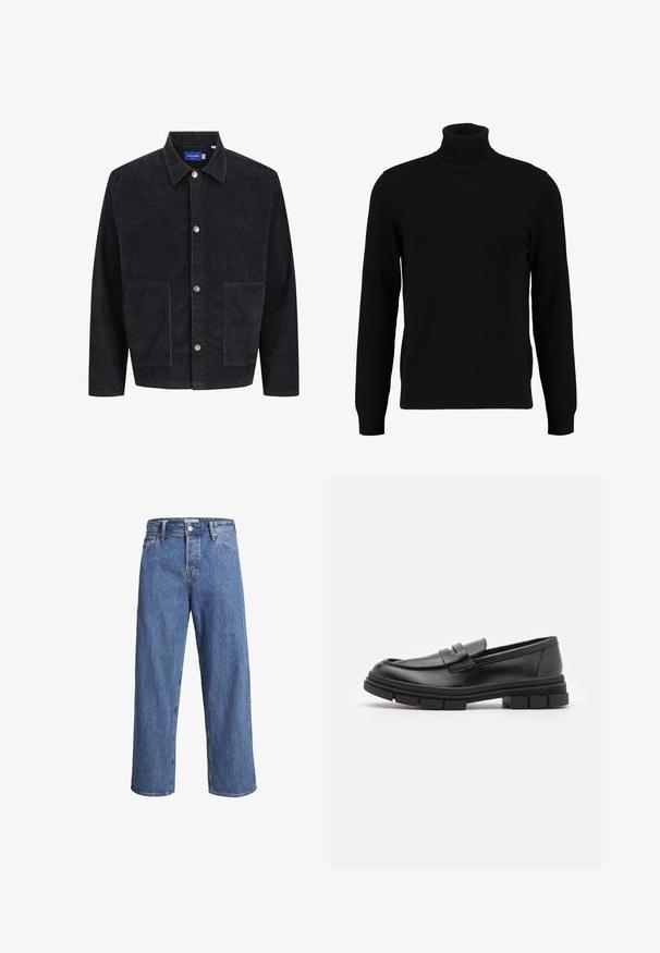 Black turtleneck sweater made of a soft knit material. Features long sleeves, ribbed collar, and hem. Simple, sleek design without patterns.; Black corduroy jacket featuring a collar, front button closure, and two large pockets. Textured fabric with vertical ribbing.; Light blue denim jeans with a straight-leg design, high waist, and minimal stitching details. The fabric has a soft, slightly faded texture.; Black leather loafers with a smooth finish, featuring a front strap detail and a chunky rubber sole with grooved accents.
