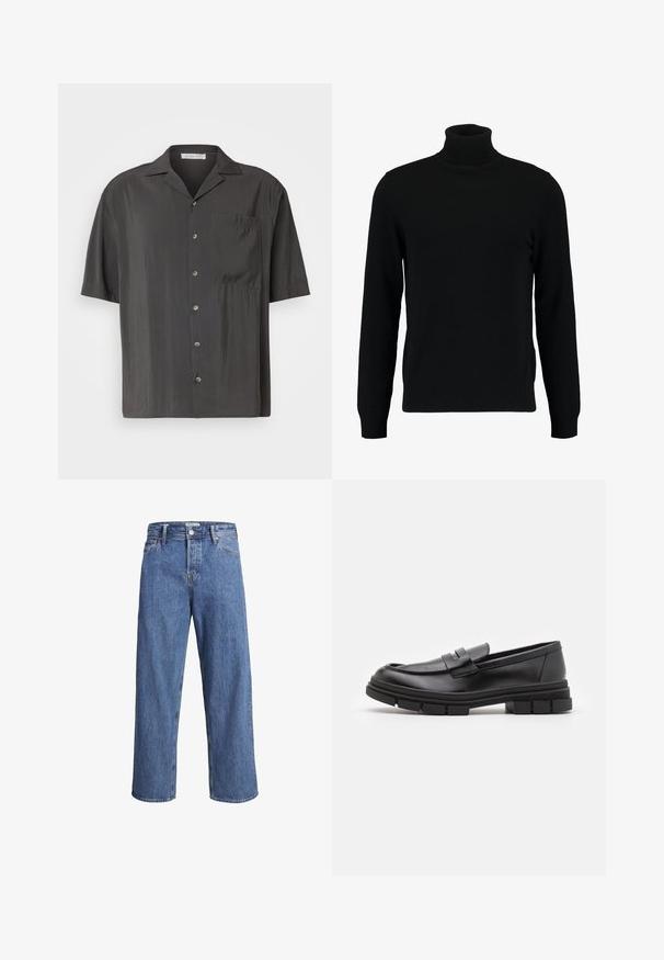 Czarny sweter z golfem, wykonany z miękkiego, dzianinowego materiału. Posiada długie rękawy, prążkowany kołnierz i dół. Prosty, elegancki design bez wzorów.; Koszulka z krótkim rękawem w kolorze węgla, zapinana na guziki, wykonana z gładkiego materiału, z kieszonką na piersi i klasycznym kołnierzykiem. Guziki w kontrastowym kolorze.; Jasnoniebieskie dżinsy o prostym kroju, wysokim stanie i minimalnych detalach szycia. Materiał ma miękką, lekko wyblakłą teksturę.; Czarne skórzane mokasyny o gładkim wykończeniu, z paskiem na przodzie i masywną gumową podeszwą z rowkowaniem.