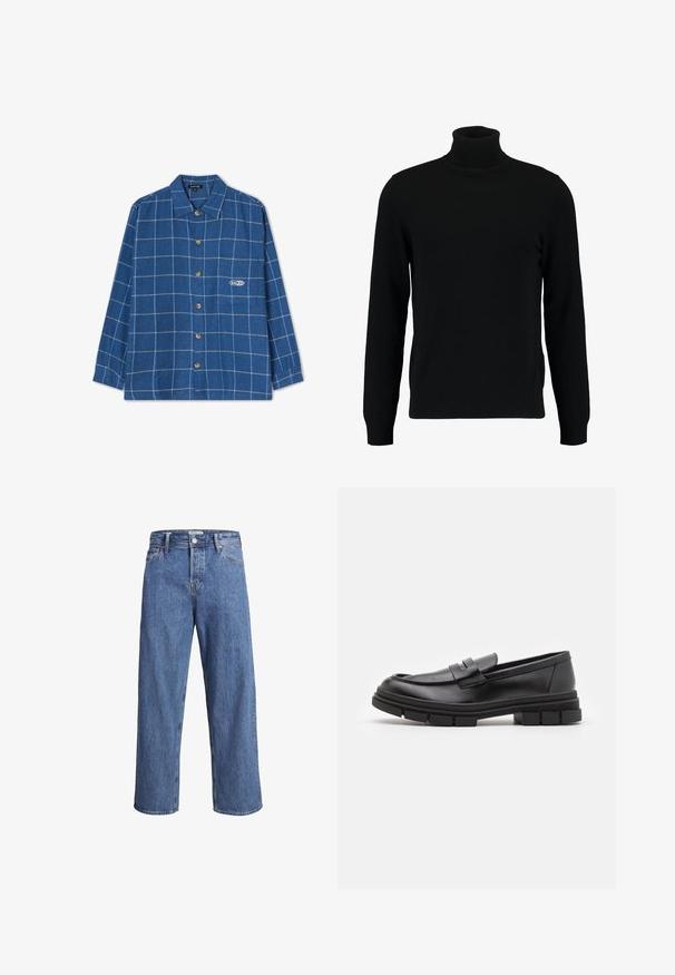 Černý rolák vyrobený z měkkého pleteného materiálu. Má dlouhé rukávy, žebrovaný límec a lem. Jednoduchý, elegantní design bez vzorů.; Modrá kostkovaná flanelová košile s dlouhými rukávy, knopováním vpředu, špičatým límcem a malým logem na kapse.; Světle modré džíny z denimu s rovnými nohavicemi, vysokým pasem a minimem švů. Látka má jemnou, lehce vybledlou strukturu.; Černé kožené mokasíny s hladkým povrchem, se zapínáním vpředu a masivní gumovou podrážkou se vroubkovanými detaily.