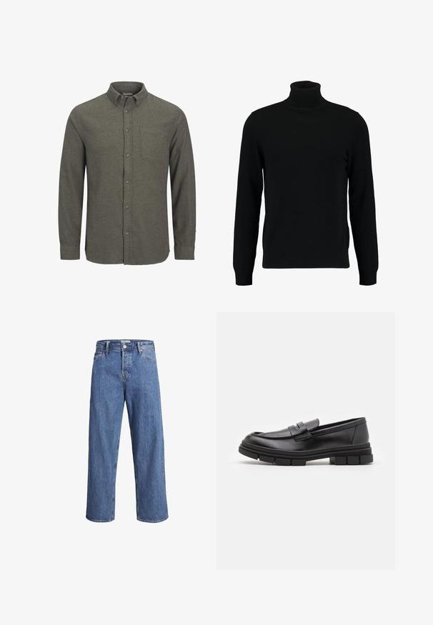 Czarny sweter z golfem, wykonany z miękkiego, dzianinowego materiału. Posiada długie rękawy, prążkowany kołnierz i dół. Prosty, elegancki design bez wzorów.; Zielona koszula zapinana na guziki, wykonana z teksturowanej tkaniny, z wyprofilowanym kołnierzykiem, jedną kieszenią na piersi oraz długimi rękawami z guzikami na mankietach.; Jasnoniebieskie dżinsy o prostym kroju, wysokim stanie i minimalnych detalach szycia. Materiał ma miękką, lekko wyblakłą teksturę.; Czarne skórzane mokasyny o gładkim wykończeniu, z paskiem na przodzie i masywną gumową podeszwą z rowkowaniem.