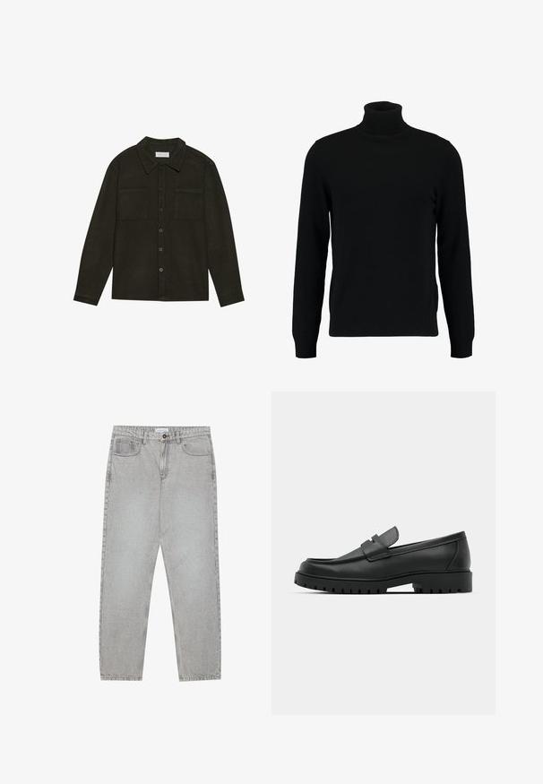 Čierny rolák vyrobený z mäkkého pleteného materiálu. Má dlhé rukávy, rebrovaný golier a lem. Jednoduchý, elegantný dizajn bez vzorov.; Tmavozelená košeľa na gombíky z textúrovanej tkaniny, s golierom, dvoma vreckami na hrudi a dlhými rukávmi s gombíkovými manžetami.; Svetlošedé denimové nohavice s rovným strihom, piatimi vreckami a zapínaním na gombík. Viditeľné švy pozdĺž švov.; Čierne kožené mokasíny s okrúhlou špičkou, s prešitým dizajnom, nízkou platformou a textúrovanou, zúbkovanou gumovou podrážkou.