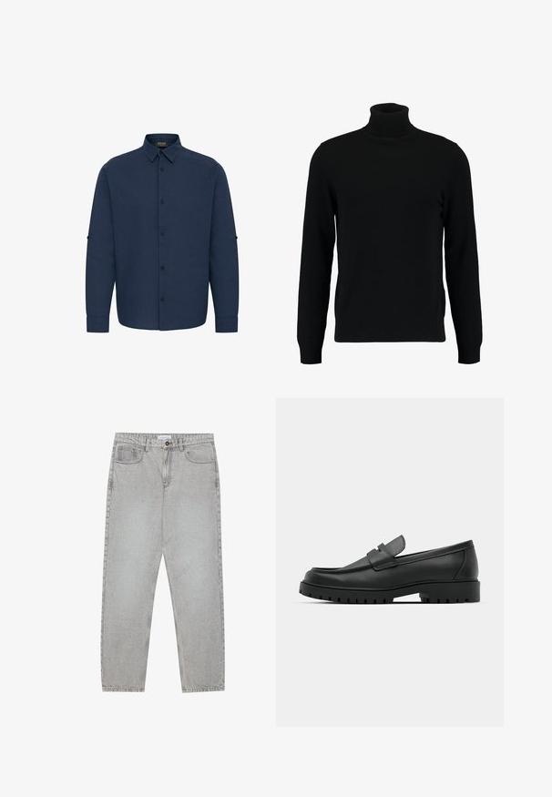 Jersey de cuello alto negro hecho de un material de punto suave. Cuenta con mangas largas, collar y dobladillo acanalados. Diseño simple y elegante sin patrones.; Camisa de manga larga azul marino con cuello abotonado, botones en la parte delantera y pestañas para remangar las mangas. Está hecha de una tela texturada.; Pantalones de mezclilla gris claro con un diseño de pierna recta, estilo de cinco bolsillos y cierre de botón. Costuras visibles a lo largo de las costuras.; Mocasines de cuero negro con punta redonda, que cuentan con un diseño cosido, suela de plataforma baja y una suela de goma texturada y con tacos.
