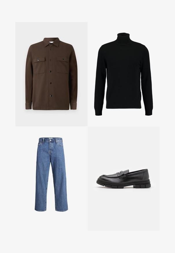 Juodas megztinis su aukštu kaklu, pagamintas iš minkštos mezgimo medžiagos. Turi ilgomis rankovėmis, raukšlėtą apykaklę ir apatinę dalį. Paprastas, elegantiškas dizainas be raštų.; Rudas mygtukų marškiniai iš audinio su dviem krūtininėmis kišenėmis, juodais mygtukais, apykakle ir ilgomis rankovėmis su mygtukais.; Šviesiai mėlynos džinsinės kelnės su tiesiu kirpimu, aukštu liemeniu ir minimaliais siuvimo detalėmis. Audinys yra minkštas, šiek tiek nublukęs.; Juodi odiniai loaferiai su lygia apdaila, turintys priekinį dirželio akcentą ir storą guminį padą su grioveliais.