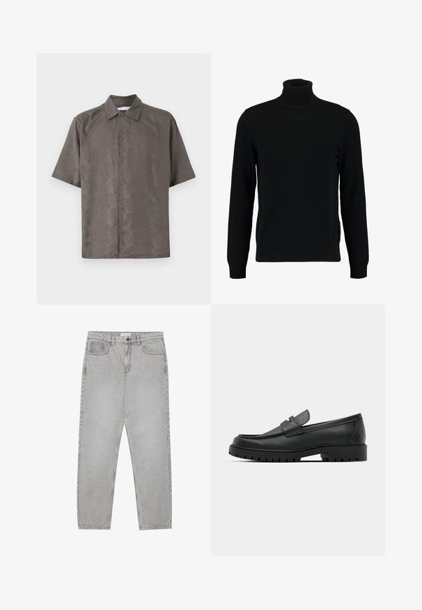 Czarny sweter z golfem, wykonany z miękkiego, dzianinowego materiału. Posiada długie rękawy, prążkowany kołnierz i dół. Prosty, elegancki design bez wzorów.; Koszula z krótkim rękawem w kolorze oliwkowym, uszyta z teksturowanej tkaniny, z wytłoczonym wzorem liści, klasycznym kołnierzykiem i zapięciem na guziki z przodu.; Jasnoszare dżinsy o prostym kroju nogawki, z pięcioma kieszeniami i zapięciem na guzik. Widoczne szwy wzdłuż szwów.; Czarne skórzane mokasyny z zaokrąglonym noskiem, posiadające przeszywany wzór, niską platformę oraz teksturowaną, gumową podeszwę z bieżnikiem.