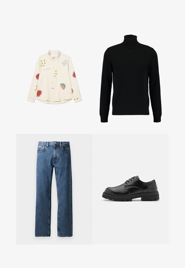 Černý rolák vyrobený z měkkého pleteného materiálu. Má dlouhé rukávy, žebrovaný límec a lem. Jednoduchý, elegantní design bez vzorů.; Les Deux KARL 2.0 - Košile - multi-colour; Modré džíny rovného střihu s vysokým pasem, zapínáním na knoflík a zip, předními kapsami a malou bílou značkovou etiketou na pravé kapse.; Černé kožené boty s zaoblenou špičkou, šněrovacím designem a silnou, strukturovanou gumovou podrážkou. Vyznačují se prošíváním po okraji a hladkým povrchem.