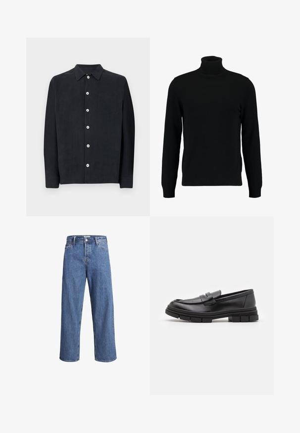 Juodas megztinis su aukštu kaklu, pagamintas iš minkštos mezgimo medžiagos. Turi ilgomis rankovėmis, raukšlėtą apykaklę ir apatinę dalį. Paprastas, elegantiškas dizainas be raštų.; Bather SHIRT - Marškiniai - coal; Šviesiai mėlynos džinsinės kelnės su tiesiu kirpimu, aukštu liemeniu ir minimaliais siuvimo detalėmis. Audinys yra minkštas, šiek tiek nublukęs.; Juodi odiniai loaferiai su lygia apdaila, turintys priekinį dirželio akcentą ir storą guminį padą su grioveliais.